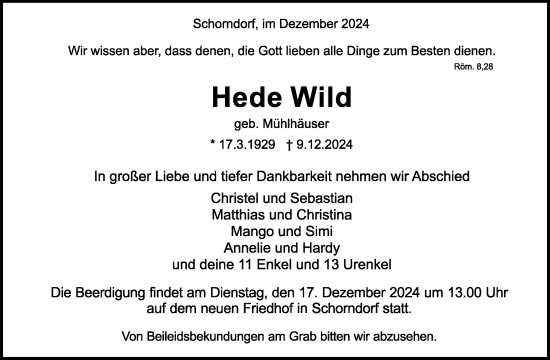 Traueranzeige von Hede Wild von Waiblinger Kreiszeitung