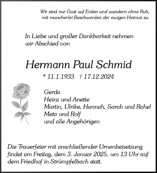 Traueranzeige von Hermann Paul Schmid von Waiblinger Kreiszeitung