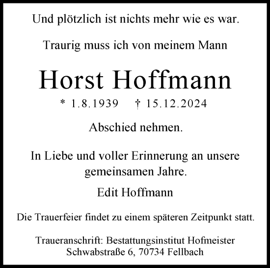 Traueranzeige von Horst Hoffmann von Waiblinger Kreiszeitung