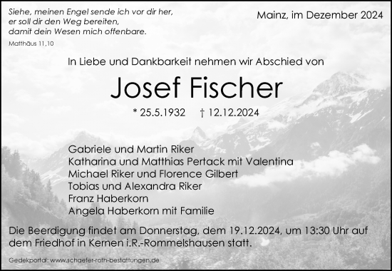 Traueranzeige von Josef Fischer von Waiblinger Kreiszeitung