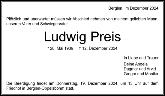 Traueranzeige von Ludwig Preis von Waiblinger Kreiszeitung