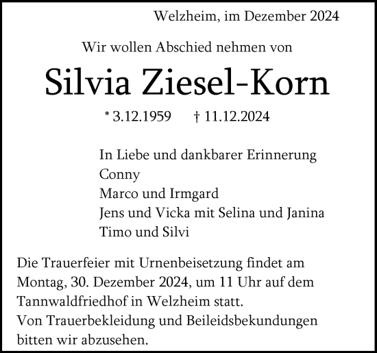 Traueranzeige von Silvia Ziesel-Korn von Waiblinger Kreiszeitung