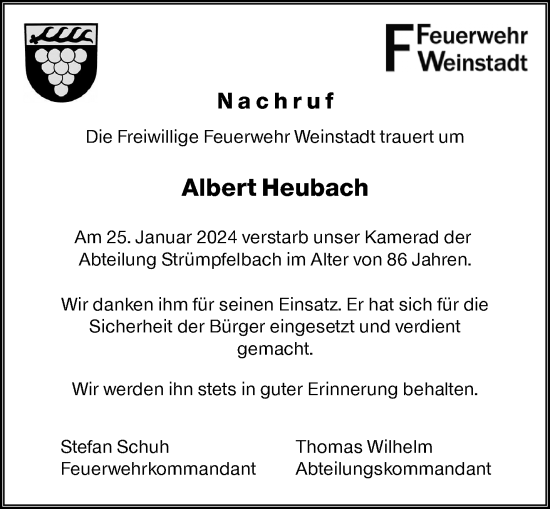 Traueranzeige von Albert Heubach von Waiblinger Kreiszeitung