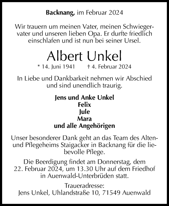 Traueranzeige von Albert Unkel von Waiblinger Kreiszeitung