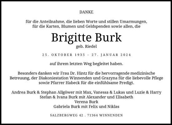 Traueranzeige von Brigitte Burk von Waiblinger Kreiszeitung