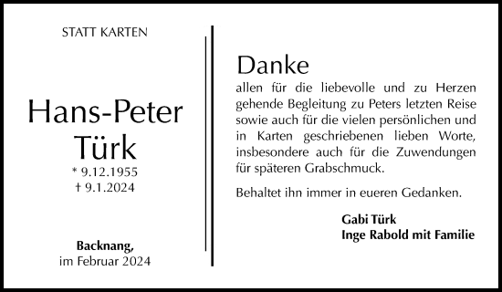 Traueranzeige von Hans-Peter Türk  von Waiblinger Kreiszeitung