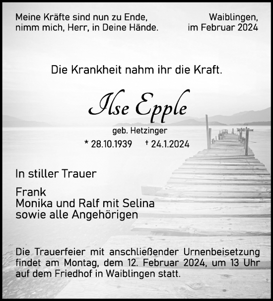 Traueranzeige von Ilse Epple von Waiblinger Kreiszeitung