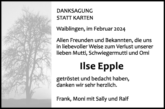 Traueranzeige von Ilse Epple von Waiblinger Kreiszeitung