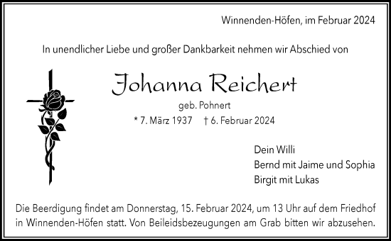 Traueranzeige von Johanna Reichert von Waiblinger Kreiszeitung