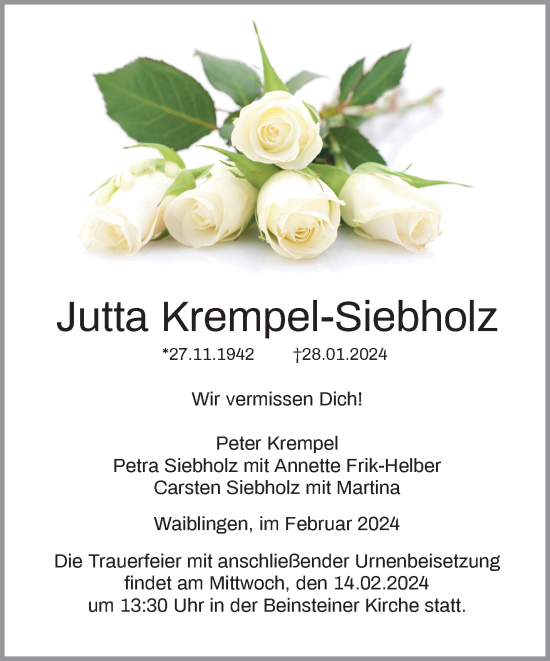 Traueranzeige von Jutta Krempel-Siebholz von Waiblinger Kreiszeitung