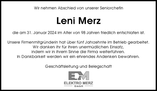 Traueranzeige von Leni Merz von Waiblinger Kreiszeitung