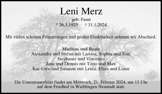 Traueranzeige von Leni Merz von Waiblinger Kreiszeitung