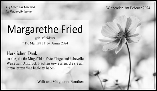 Traueranzeige von Margarethe Fried von Waiblinger Kreiszeitung