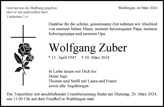 Traueranzeige von Wolfgang Zuber von Waiblinger Kreiszeitung