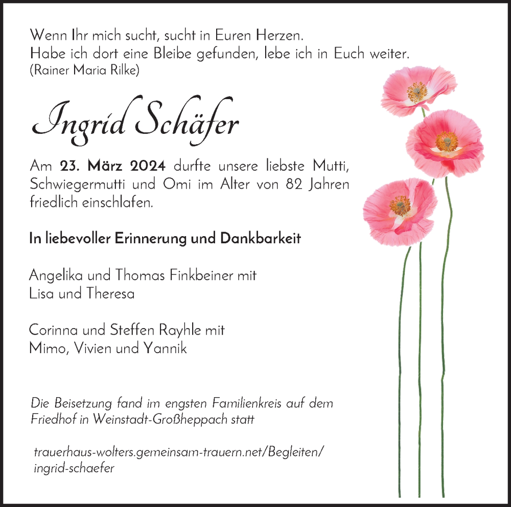  Traueranzeige für Ingrid Schäfer vom 13.04.2024 aus Waiblinger Kreiszeitung