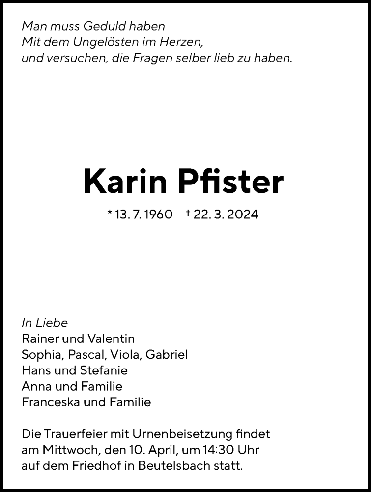  Traueranzeige für Karin Pfister vom 03.04.2024 aus Waiblinger Kreiszeitung