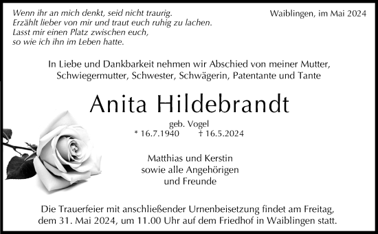 Traueranzeige von Anita Hildebrandt von Waiblinger Kreiszeitung