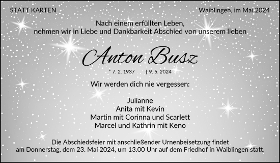 Traueranzeige von Anton Busz von Waiblinger Kreiszeitung