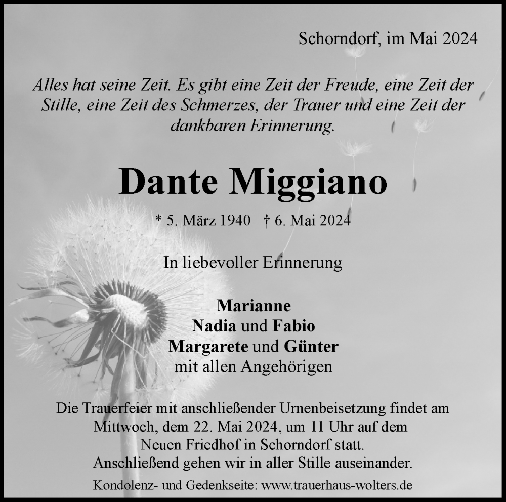  Traueranzeige für Dante Miggiano vom 18.05.2024 aus Waiblinger Kreiszeitung
