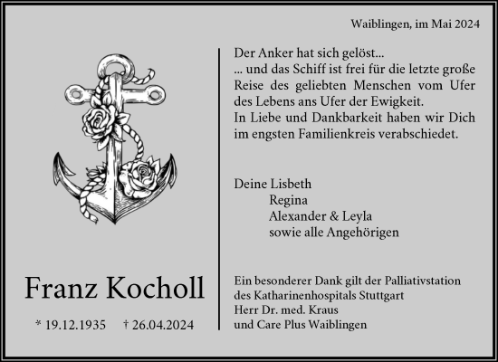 Traueranzeige von Franz Kocholl von Waiblinger Kreiszeitung