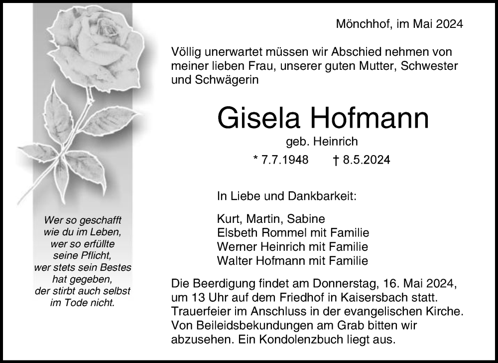  Traueranzeige für Gisela Hofmann vom 14.05.2024 aus Waiblinger Kreiszeitung