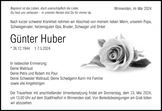 Traueranzeige von Günter Huber von Waiblinger Kreiszeitung