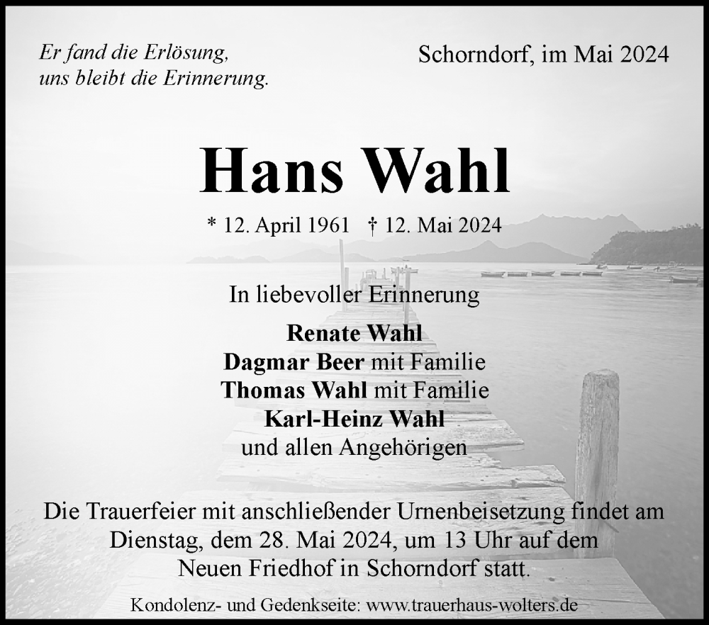  Traueranzeige für Hans Wahl vom 18.05.2024 aus Waiblinger Kreiszeitung