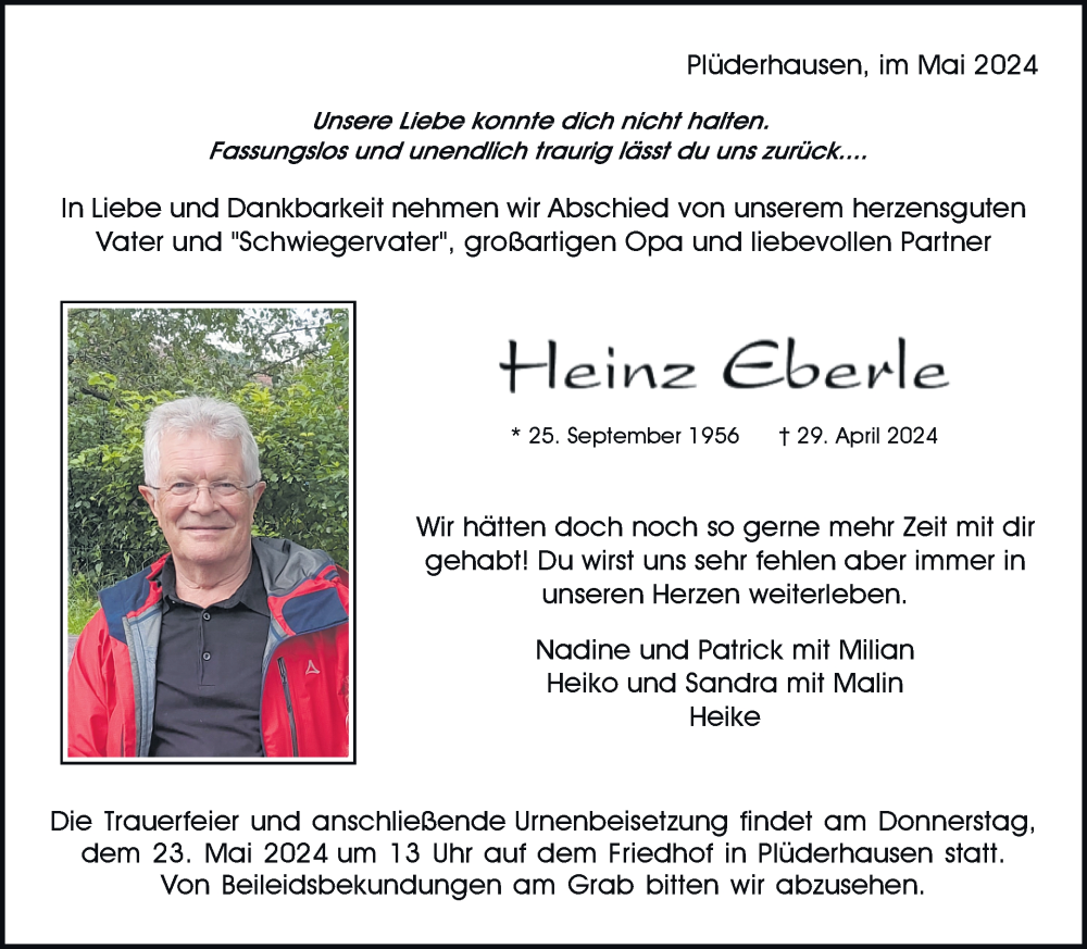  Traueranzeige für Heinz Eberle vom 18.05.2024 aus Waiblinger Kreiszeitung