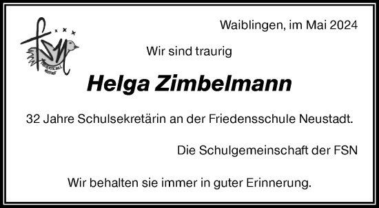 Traueranzeige von Helga Zimbelmann von Waiblinger Kreiszeitung