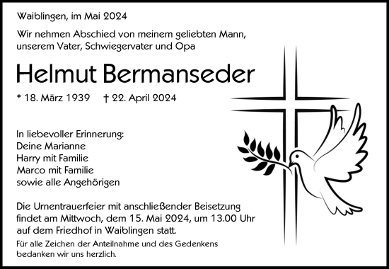 Traueranzeige von Helmut Bermanseder von Waiblinger Kreiszeitung