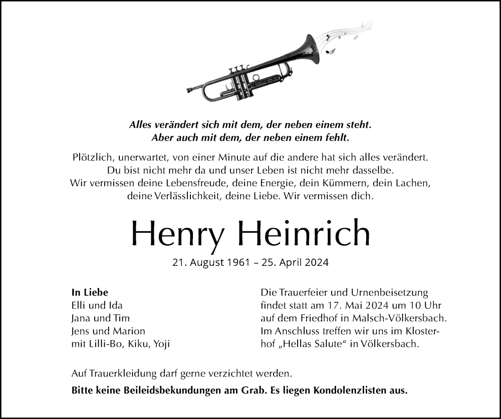  Traueranzeige für Henry Heinrich vom 11.05.2024 aus Waiblinger Kreiszeitung