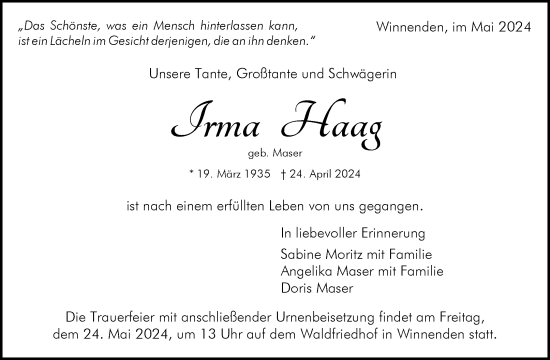 Traueranzeige von Irma Haag von Waiblinger Kreiszeitung