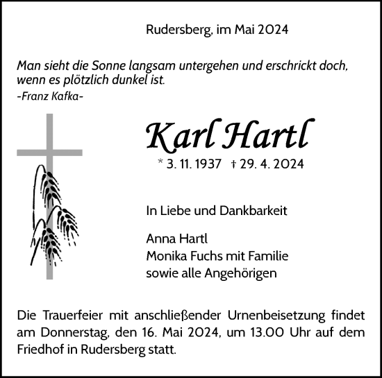 Traueranzeige von Karl Hartl von Waiblinger Kreiszeitung