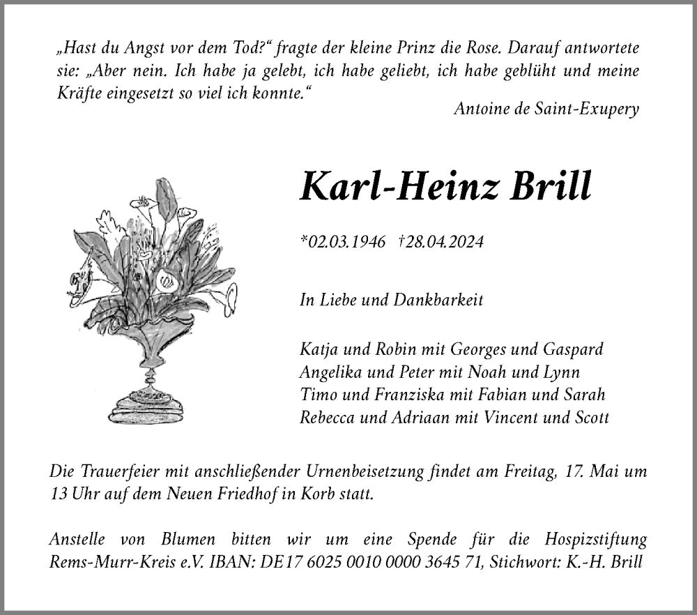  Traueranzeige für Karl-Heinz Brill vom 14.05.2024 aus Waiblinger Kreiszeitung