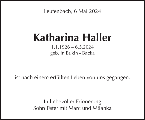 Traueranzeige von Katharina Haller von Waiblinger Kreiszeitung