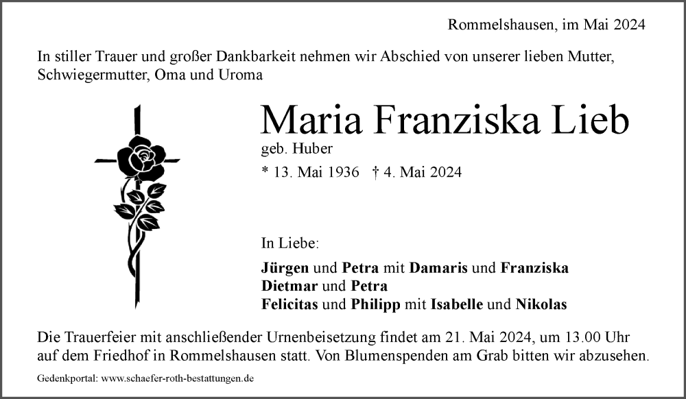  Traueranzeige für Maria Franziska Lieb vom 15.05.2024 aus Waiblinger Kreiszeitung