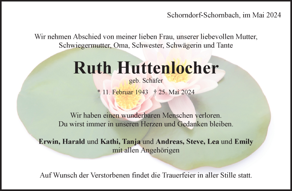  Traueranzeige für Ruth Huttenlocher vom 31.05.2024 aus Waiblinger Kreiszeitung