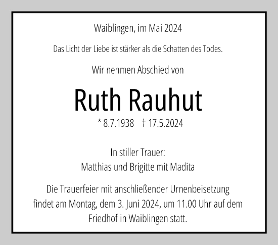 Traueranzeige von Ruth Rauhut von Waiblinger Kreiszeitung