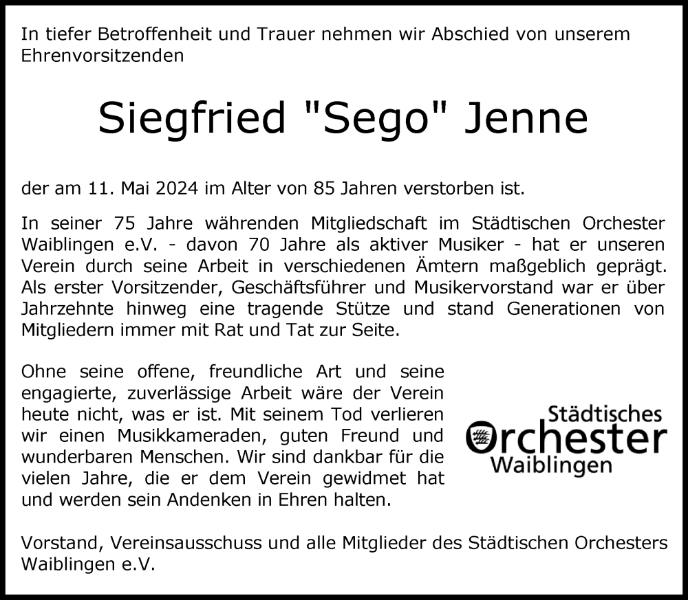  Traueranzeige für Siegfried Jenne vom 18.05.2024 aus Waiblinger Kreiszeitung