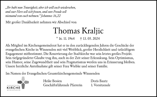 Traueranzeige von Thomas Kraljic von Waiblinger Kreiszeitung