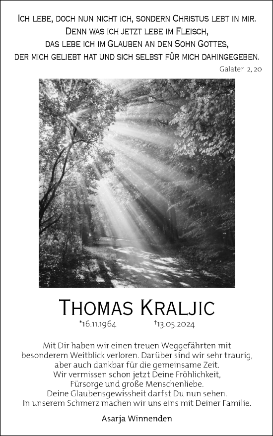 Traueranzeige von Thomas Kraljic von Waiblinger Kreiszeitung