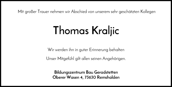 Traueranzeige von Thomas Kraljic von Waiblinger Kreiszeitung