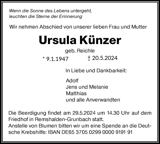 Traueranzeige von Ursula Künzer von Waiblinger Kreiszeitung
