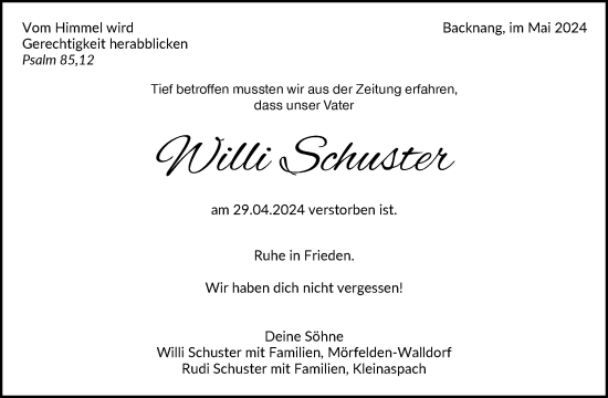 Traueranzeige von Willi Schuster von Waiblinger Kreiszeitung