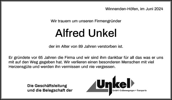 Traueranzeige von Alfred Unkel von Waiblinger Kreiszeitung