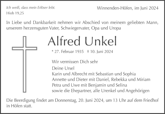 Traueranzeige von Alfred Unkel von Waiblinger Kreiszeitung