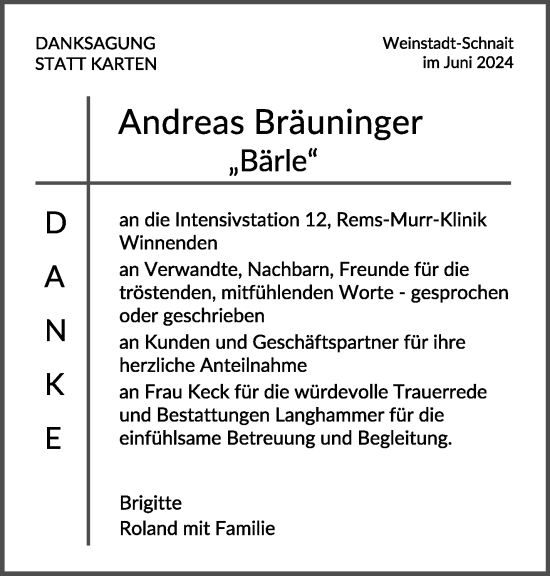 Traueranzeige von Andreas Bräuninger von Waiblinger Kreiszeitung