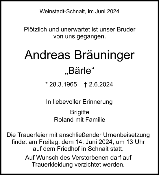 Traueranzeige von Andreas Bräuninger von Waiblinger Kreiszeitung