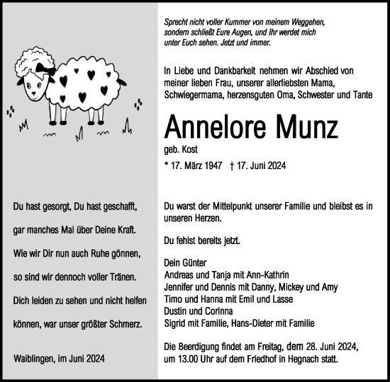 Traueranzeige von Annelore Munz von Waiblinger Kreiszeitung