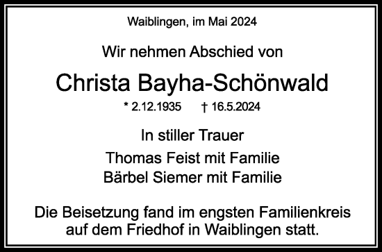 Traueranzeige von Christa Bayha-Schönwald von Waiblinger Kreiszeitung